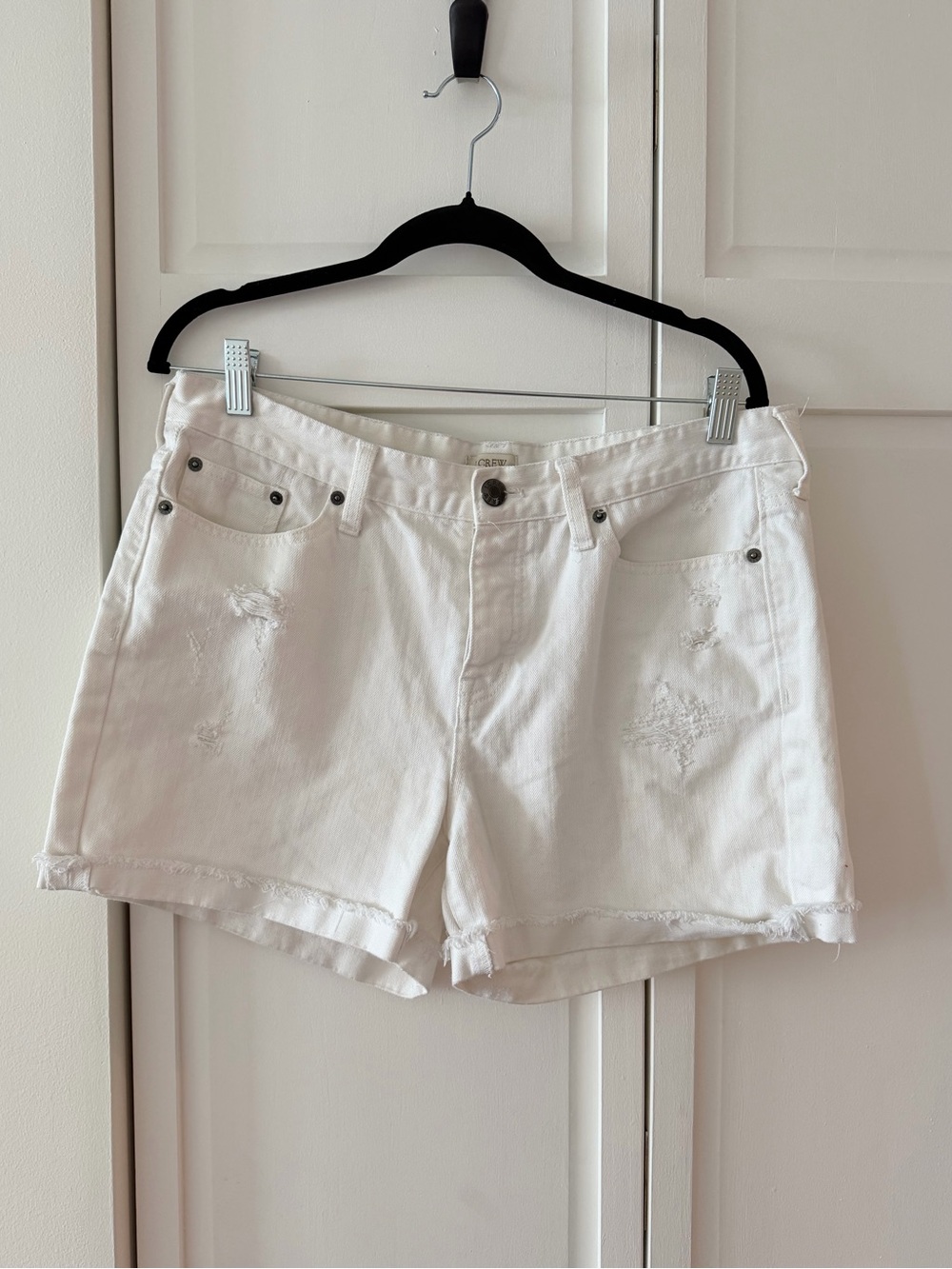 J.Crew White High Rise Distressed Cotton Girlfriend Fit Denim Shorts Size 30